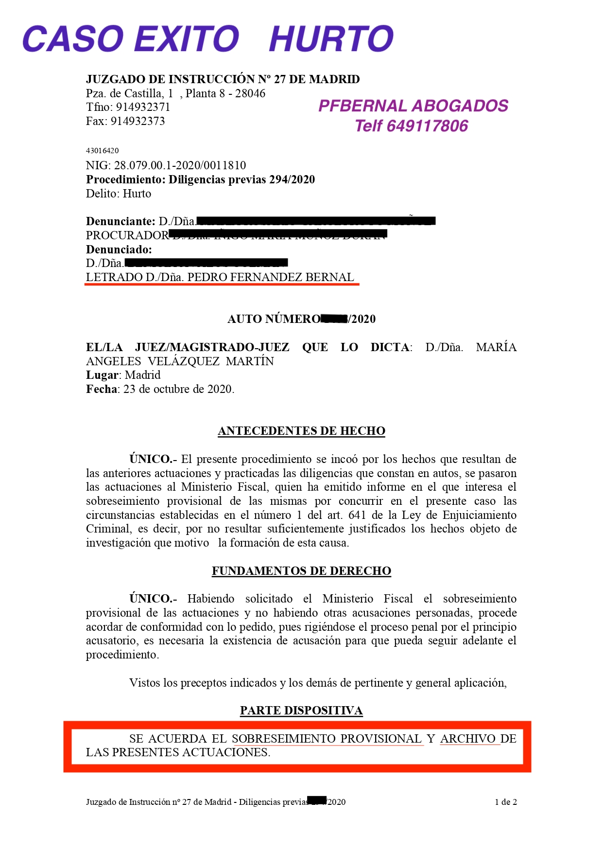 Auto de sobreseimiento y archivo en un procedimiento por hurto